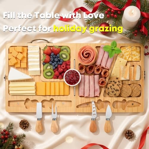 Charcuterie Board Gifts for Women: Bamboo Folding Cheese Board with Knife Set - Unique White Elephant Gift, Birthday Party House Warming Gift for Housewife