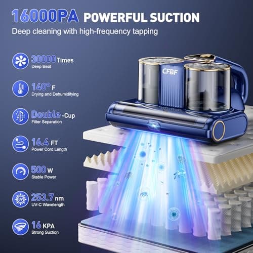 Mattress Vacuum Cleaner, Bed Vacuum Cleaner with 16Kpa Suction 253.7nm UV-C Light, Ultrasonic & High Heating, 500W Powerful Double-Cup Handheld Vacuums for Bed, Sofa, Couch, Crib, 16.4FT Corded