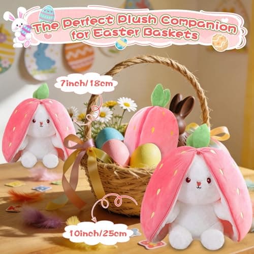 MIAODAM Bunny Stuffed Animal Reversible Cuddle Bunny Stuffed,Strawberry Bunny Transformed Rabbit Plush Zipper,Turns Into Ears Bunnies Plushies Toy Cute Stuffy Doll Easter
