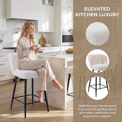 Modern Counter Height Bar Stools Set of 2, 26 Inch Faux Sherpa Upholstered Bar Stools with Back, 18" Seat Wide Island Stools with Black Metal Frame for Kitchen Counter/Breakfast Bar/Restaurant, White