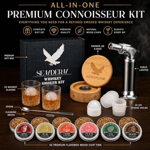 Bourbon Whiskey Smoker Kit with Torch - Old Fashioned Cocktail Smoker Kit with 2 Whiskey Glasses, 6 Wood Chips - Valentines Anniversary Birthday Gifts for Men Dad Husband Boyfriend (No Butane) B0F4N3FSH4