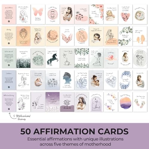 New Mom Affirmation Cards - 50 Postpartum Affirmation Cards for Women - Pregnancy & Self-Care Gifts for New Mom After Birth in Tin Box with Wooden Stand