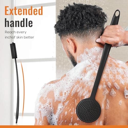 VWMYQ VWMYQ Silicone Back Scrubber for Shower, 17in Lengthen Long Handle Body Brush, Double Sided Shower Brush for Shower Exfoliating and Massage Can Produce Rich Foam, Long Handle Back Scrubber for Men