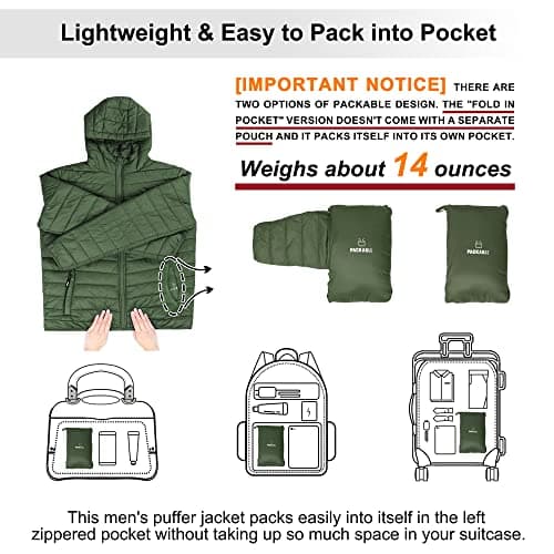 Outdoor Ventures Men's Lightweight Packable Hooded Puffer Jacket Insulated Winter Coat for Snow Ski Traveling