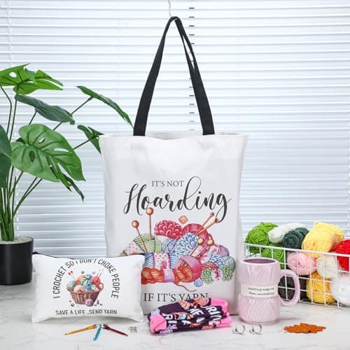 7 Pcs Crochet Knitter Gift Set Humorous Novelty Crochet Mug Mini Hooks Keychain Knitting Loop Ring Makeup Bag Handbag Sock for Women Christmas Beginner Lovers Gifts