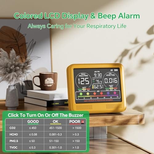 16-in-1 Indoor Air Quality Monitor with PM1.0,PM2.5,PM10,CO2,HCHO,TVOC,Temperature,Humidity,Time Display &7 AQI Alarms – Professional Air Quality Tester for Home, Office & Indoor Use