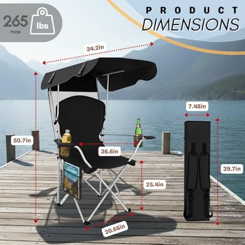 Portable Folding Camping Chairs with Canopy Shade, Beach Chair for Adults, Durable Weather Resistant 600D Oxford Cloth, Camping Chair with Canopy for Outdoors [Black]
