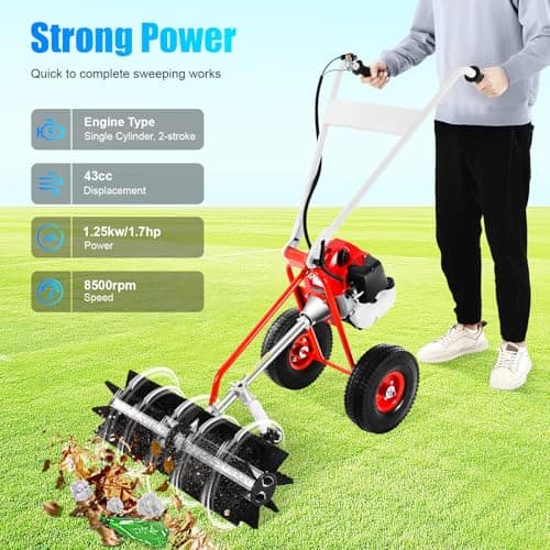 43CC 2 Stroke Gasoline Powered Broom Sweeper, 1.25kw/1.7hp Driveway Lawn Grass Sweeper Snow Cleaning Grit, 8500rpm Hand Push Walking Snow Sweeper for Garden Lawn Yard Sidewalk Turf Grass Cleaning