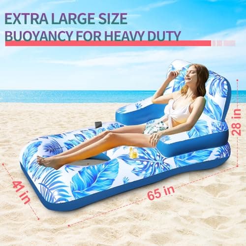 Pool Floats Adult, Pool Floaties with Cup Holder and Phone Holder, Pool Lounger Float with Headrest, Backrest and Footrest, 65" Thicken PVC Inflatable Pool Float for Adult Pool Party Beach Cool