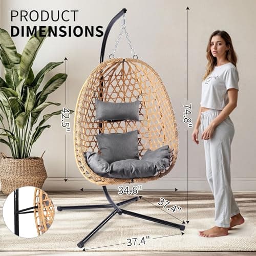 LEX CRAFT Egg Chair with Stand, Patio Wicker Hanging Chair, Hammock Swing Chair, 350LBS Capacity for Bedroom, Balcony, Garden (YE-GR)