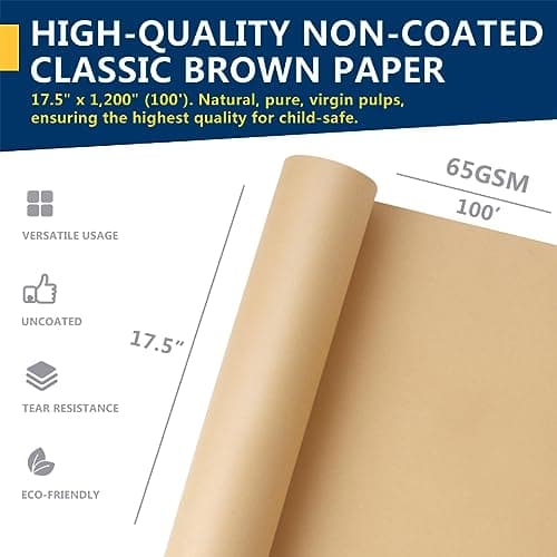 PerkHomy Brown Kraft Paper Roll 17.5" x 1,200" (100') for Gift Wrapping Bulletin Board Craft Art Bouquet Flower Packing Valentines Easel Moving Shipping Floor Poster Covering Table 70GSM 50LB B0C1RC5Y7F