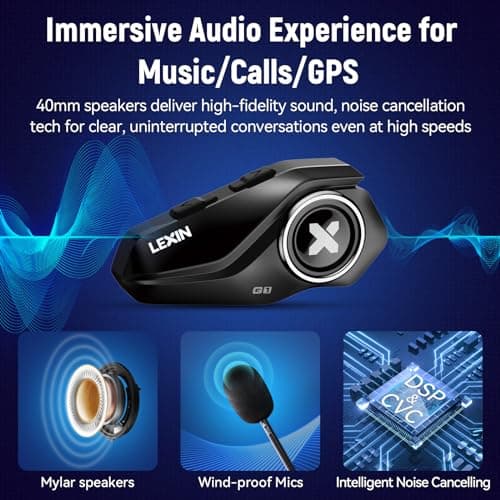 LEXIN G1 Motorcycle Helmet Bluetooth Headset, Helmet Speakers with 2 Type Microphones, Waterproof Motorcycle Headphones with HD Stereo Sound, Hands-Free Call/Music/GPS, 4 Color Faceplates, Single Use