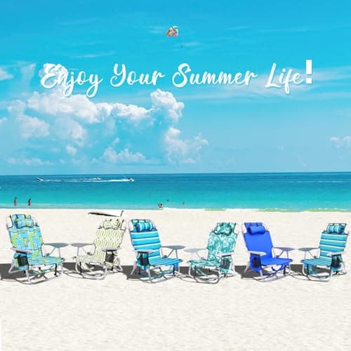 Portable Beach Chair for Adults, Outdoor Camping Chair Lay Flat Folding Backpack Beach Reclining Chair with 5 Positions, Headrest, Cup Holder, Heavy Ocean Striped