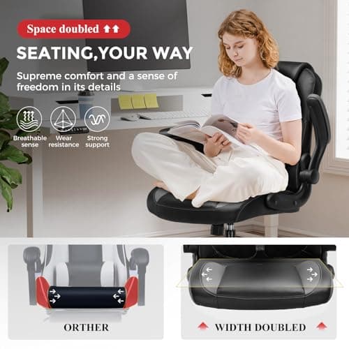 COMHOMA Office Computer Gaming Chair Ergonomic Desk Chair for Adults with Lumbar Support Flip-Up Arms Adjustable Height Swivel Wheels PU Leather Executive Design for Short People Use, Gray