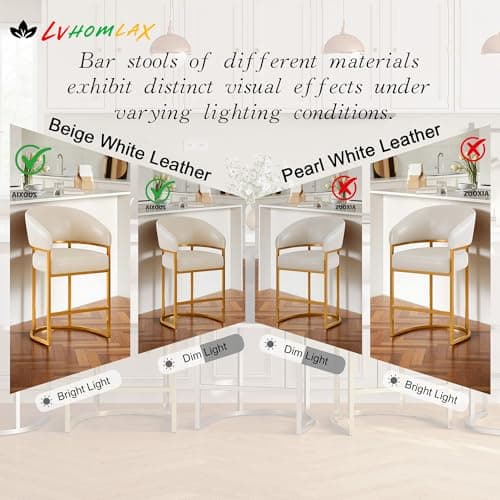 Modern Counter Height Bar Stools,Bar Stools Set of 3,PU Leather Upholstered Barrel Barstools with Backs,26" Kitchen Island Chairs,Metal Gold Frames,Beige White Leather