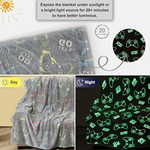 Jekeno Glow in The Dark Gaming Blanket Gamer Game Controller Throw Gift Toys for Kids Boys Teen Son Adults Gamepad Presents Easter Birthday Christmas Bedroom Decor Luminous Blanket Grey 50"x60" B09SHJYVGC