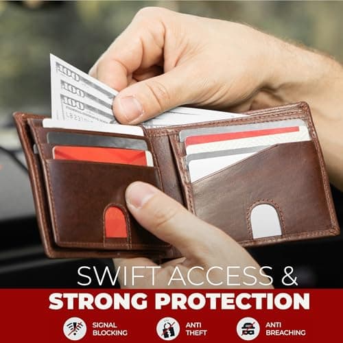 BULL GUARD Mens RFID Blocking Bifold Wallet Soft Genuine Leather Brown Western | Secure and Durable Extra Capacity Billfold with 11 Credit Cards, Flip Up ID