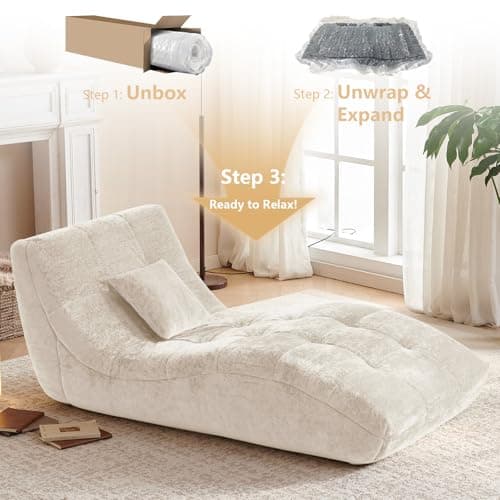 Chaise Lounge Chair with Curved Back, Modern Upholstered Recliner Sofa, Tufted Accent Lounger Comfortable Lazy Chair for Bedroom, Apartment (Beige)