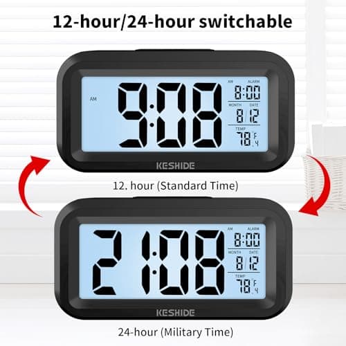 KESHIDE Digital Alarm Clock Battery Operated with Indoor Temperature, Desk Small Clock,Snooze Model,12/24H Display for Bedrooms Heavy Sleepers Kids Travel Bathroom (Black)
