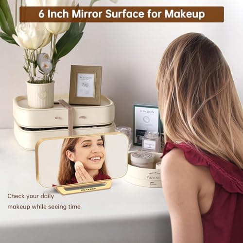 Peakeep Slim Digital Mirror Aesthetic Alarm Clock for Bedrooms Desk Decor - Plug in Electric Big LED Modern Small Clock for Office Living Room, Battery Backup, 6 Dimmers (Gold)