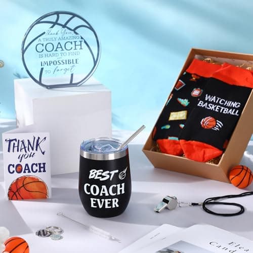 Nitial 6 Pcs Basketball Coach Gifts Teacher Appreciation Gift Set for Basketball Instructor Include Best Coach Ever Tumble Whistle with Lanyard Acrylic Sign Socks Keychain Card