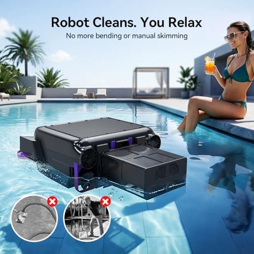 Solar-Powered Robotic Pool Surface Skimmer Cleaner with 24/7 Continuous Cleaning and Re-Engineered Twin Salt Tolerant Motors, Dual Charging,Smart Obstacle Avoidance, 150-um Filtration