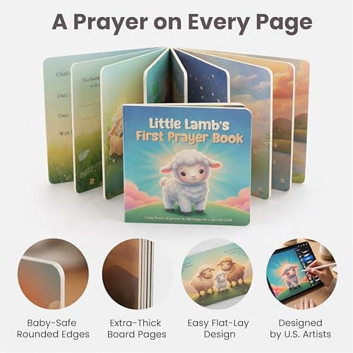 Ready-to-Gift Box: 10" Praying Lamb Plush with Pink Bow, Bamboo Muslin Blanket, First Prayer Book & Card. Baptism Gifts for Girl - Christening & Dedication 5-Piece Keepsake Set B0GHZRX7RP