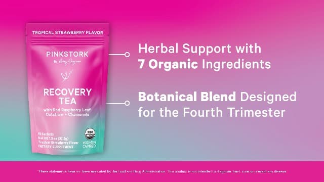 Pink Stork Postpartum Recovery Herbal Tea, Organic Red Raspberry Leaf with Chamomile, Hormone Balance for Women After Labor and Delivery, Strawberry Passion, Hot or Iced, Caffeine-Free, 15 Sachets