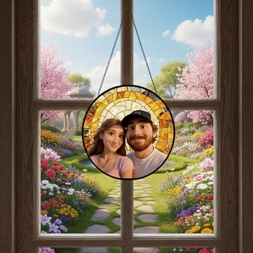 Personalized Couple Glass Cartoon Portrait Suncatcher, Custom Photo Art Window Hanging, Stained Glass Style Gift for Couples, Anniversary Wedding Gift for Valentine