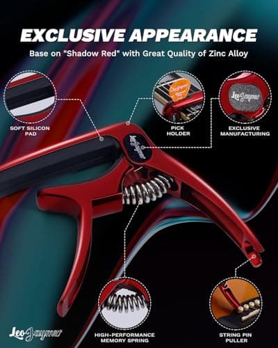 Leo Jaymz Heavy Duty Guitar Capo for Acoustic/Electric Guitars, Guitar Clip made of Zinc Alloy Metal, Guitar Clamp for Bass Classical Guitar, Ukulele, Mandolin,Banjo (Shadow Red)