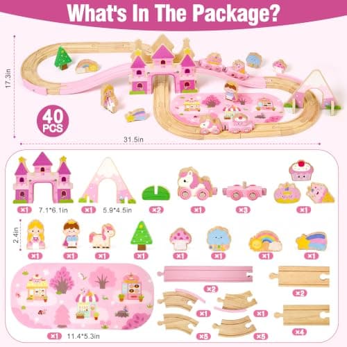 Princess Castle & Magnetic Trains, Compatible with Most Wooden Train Tracks, Birthday Gift for Girls 3 4 5 Year Old Atoylink Wooden Train Set for Toddler Girls, 40Pcs Pink Unicorn Train Toys B0H6HGYDWR