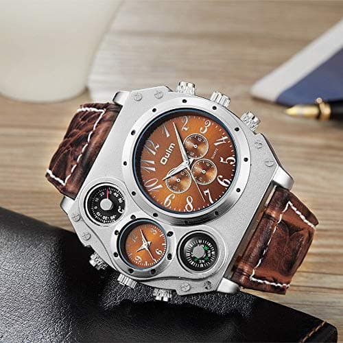 Avaner Men's Leather Wrist Watches: Big Face Dual Time Zone Oversized Large Dial Leather Strap Analog Quartz Watch