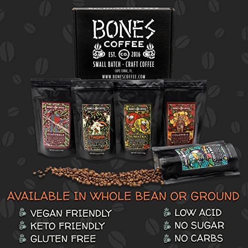 Bones Coffee Company NEW World Tour Sample Pack, Single-Origin Flavored Coffee Low Acid Medium Roast Arabica Beans Specialty Coffee Gifts Compatible Auto Drip and French Press, 4 oz Pack of 5 Ground B0BBY6V5T3