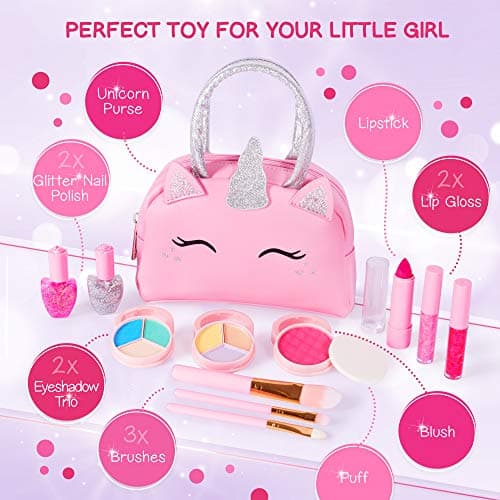 Pink Unicorn Toys for Girls Age 4-6, 5 Year Old Girl Birthday Gift Idea, Toddler Little Girl Gifts 3 4 5 6 7 8 9 10 Years Old Kids Real Makeup Kit with Unicorn Purse Non Toxic Washable Make Up Set B08JD776XX