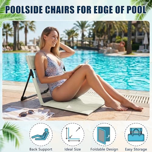 Foldable Poolside Chairs, 2 Pack Lightweight Portable Beach Chairs with Back Support for Adults, Compact Folding Pool Edge Chair for Outdoor Camping Picnic Beach, Light Beige