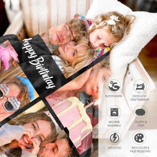 Ships Next Day Custom Blanket with Picture Text Personalized Throw Blanket Photo Collage Blankets Customized Birthday Gifts for Couple Girlfriend Boyfriend Family Kids Friends Pet B0DGFW5HP4