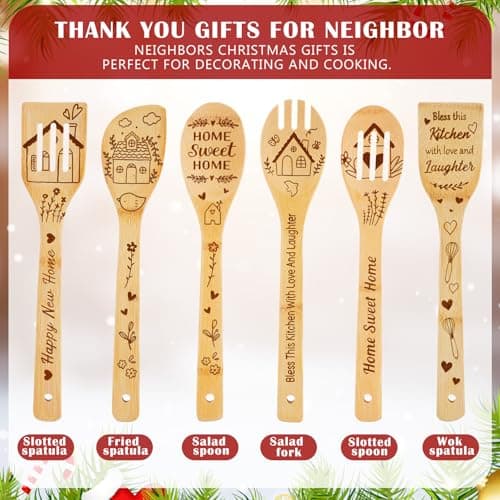 Mimorou 12 Set Neighbors Gift for Christmas Housewarming Neighbors Birthday Welcome Christmas Appreciation Gifts Xmas Kitchen Cooking Utensils Set with Spoon Towels Artificial Pine Picks Thank You Tag