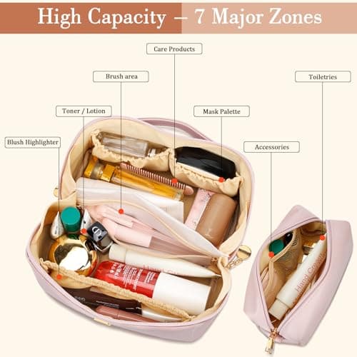 Waterproof PU Leather, Open Flat Design Cosmetic Bag, Multiple Compartments Travel Toiletry Bag (Pink, A) Initial Makeup Bag Personalized Gift for Women Teen Girls B0F26C313Y