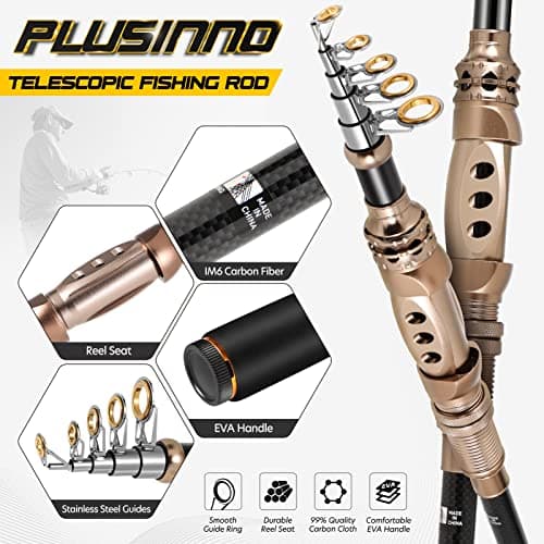 PLUSINNO Fishing Rod and Reel Combos Carbon Fiber Telescopic Fishing Pole with Reel Combo Sea Saltwater Freshwater Kit Fishing Rod Kit
