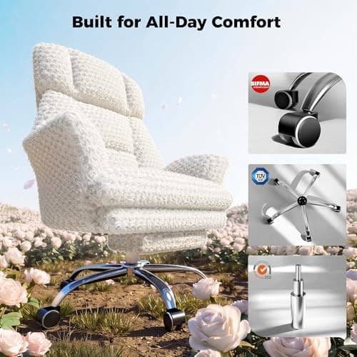 HOMRELEXA Big and Tall Office Chair, Flip Armrests for Pets & Cross Legged Sitting, Executive Ergonomic Computer Gaming Chair with Foot Rest, White Rose Velvet Wide Seat Reclining Desk Chair