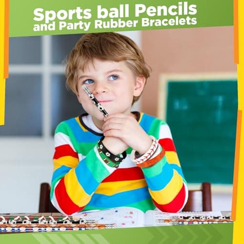 Sabary 48 Pcs Sports Pencils Silicone Bracelets Set Soccer Football Basketball Baseball Wooden Pencil Rubber Wristbands for Birthday Gifts Sports Party Favors(Multi Balls)