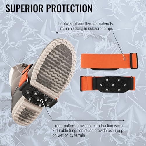Global Glove Ice Gripster Treads Nonslip Traction Cleats for Snow and Ice, Anti-Slip Overshoe Mid-Sole Crampons with Adjustable Straps, 7 Tungsten Studs for Secure Grip, Orange and Black