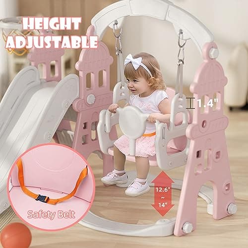 XJD 6-in-1 Toddler Slide and Swing Set, Kids Slide for Toddlers Age 1+, Toddler Outdoor Playset with Basketball Hoop, Football Frame, Swing, Outdoor Indoor Playground for Toddlers 1-3 (Pink)