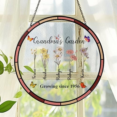 NAZENTI Personalized Mom's Garden Stained Glass Suncatcher with Birth Month Flowers, Custom Grandma's Garden Window Hanging Ornament, Mothers Day Grandma Mom Gifts, Gifts for Mommy, Mama