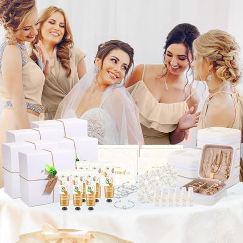 Set of 6, includes jewelry boxes, glass cups, scrunchies, knot bracelets, hand cream, lip balm and proposal cards Teenyyou 60 Pcs Bridesmaid Proposal Gift Box Set for Wedding Party,White B0FBWY1R2J