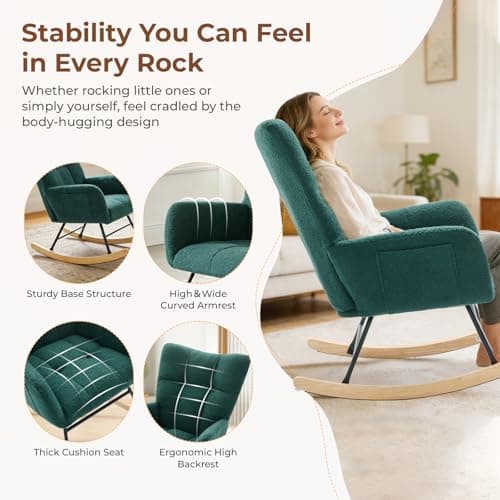 DUMOS Nursery Rocking Chair Teddy Upholstered, Comfy Glider Rocker with High Backrest Armchair Padded Seat, Accent Side Chair for Living Room Bedroom Offices Small Spaces Indoor, Green