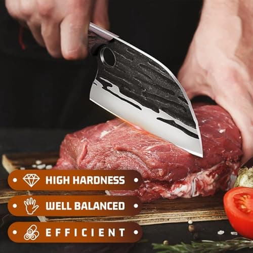 Heavy Duty Serbian Chef Knife for Meat & Bone Cutting, Full Tang Ergonomic Wood Handle, BBQ Camping Gift for Men & Dad Huusk Meat Cleaver Knife with Sheath, Hand Forged Chopping Butcher Knives B0BCVZGPVM