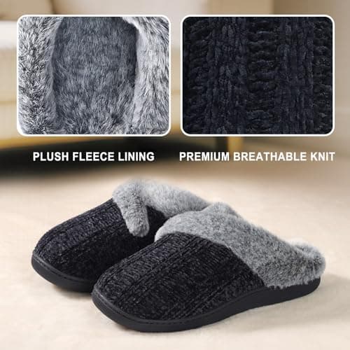 Homitem Slippers for Women Fuzzy House Slip on Indoor Outdoor Bedroom Furry Fleece Lined Ladies Comfy Memory Foam Female Home Shoes Anti-Skid Rubber Hard Sole