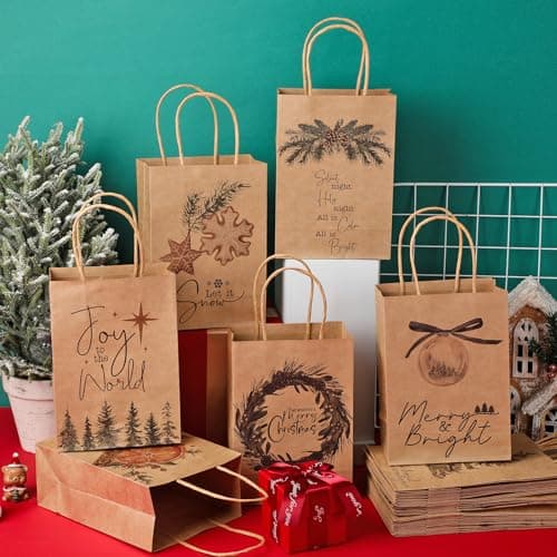 Vintage Christmas Gift Bags, Small Paper Gifts Bags for Xmas Stuffer Candy Party Present Wrapping, 8.27 x 5.91 x 3.15 Inches Tenceur 40 Pcs Christmas Gift Bag Bulk with Handle Reusable Kraft Brown Bag B0FP22D55T