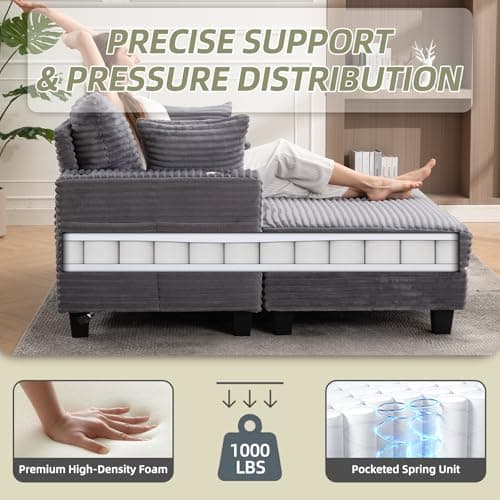 60'' Oversized Chaise Lounge Chair Indoor, Corduroy Upholstered Lounge Sofa with Wood Frame, Comfy Lounge Chaise with Pillows and Cup Holder, Deep Seat Lounge Chair for Living Room Bedroom